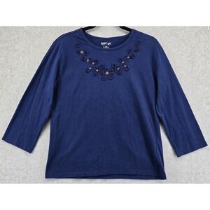 Vtg Krazy Kat Blue Top Shirt Womens M Floral Ribbon Bead Applique 3/4 Sleeve Y2K
